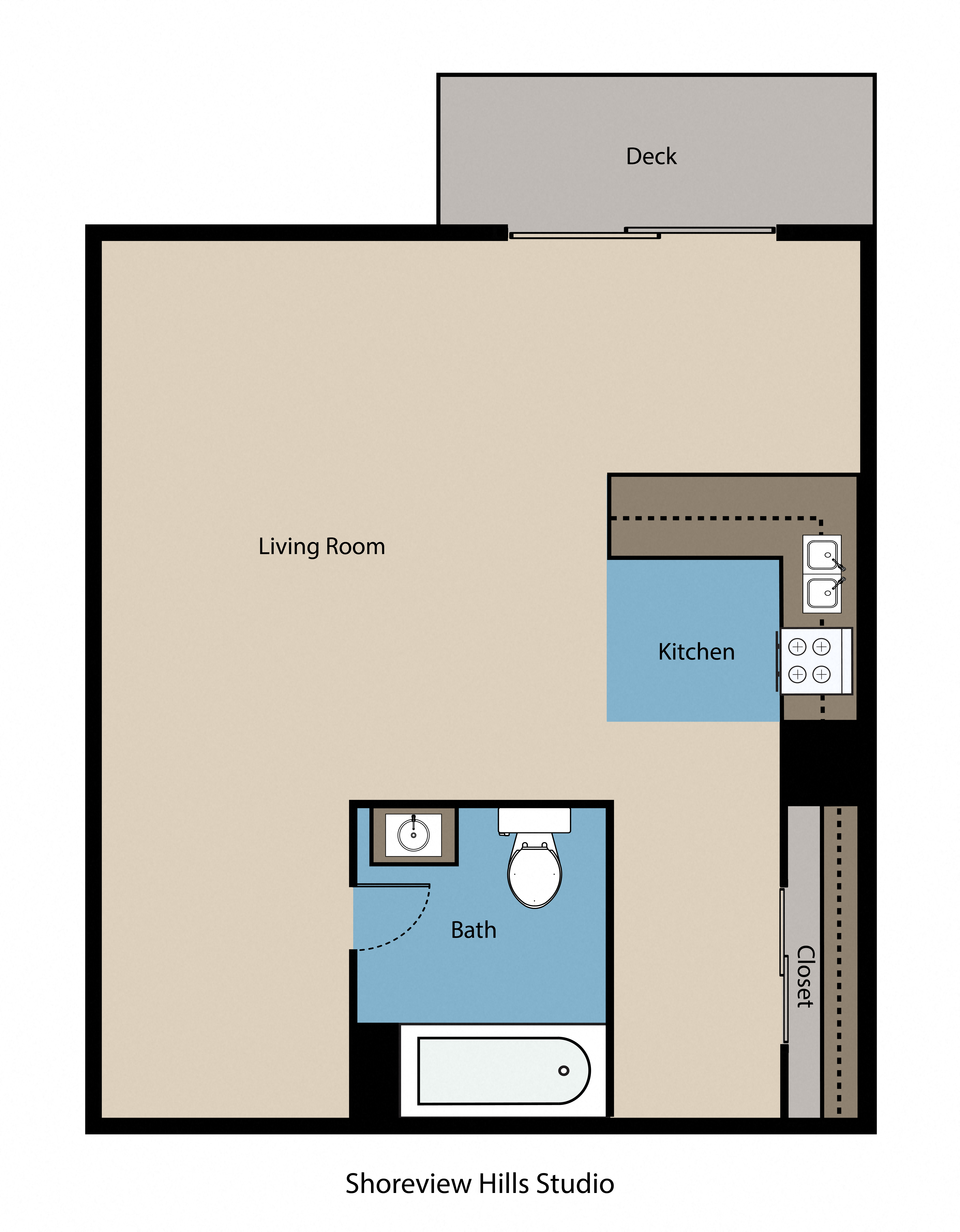 Floor plan for studio, 1 bath, 500 sqft